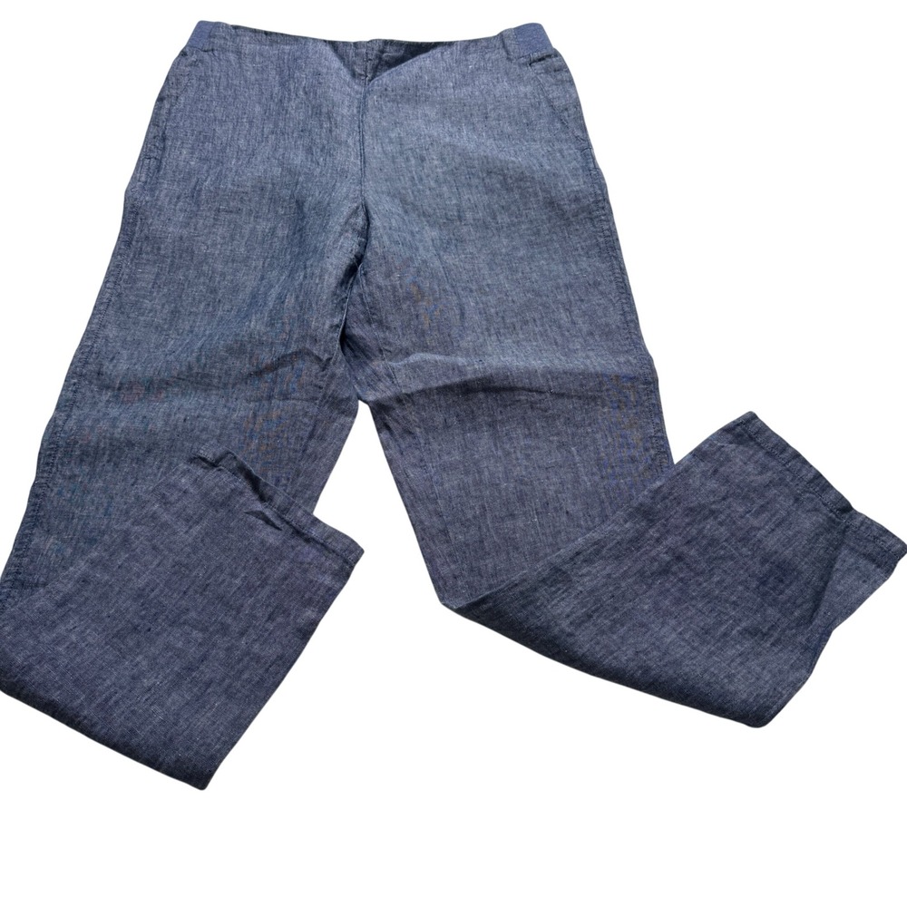 J. Jill Love Linen Pants SZ S Chambray Blue Straight Leg Elastic Back 100% Linen